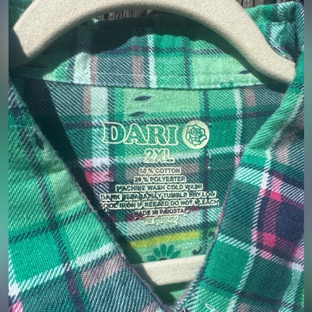 Dari Green Pink Plaid Flannel Button up Cottage Cabin Outdoors Western 2X - Picture 4 of 4